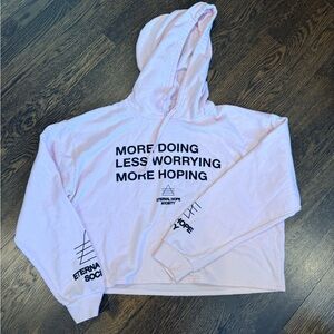Light Pink Hoodie with 'More Doing Less Worrying' Graphic